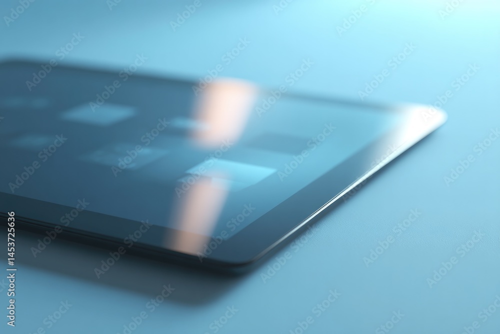 Poster clean image of sleek digital tablet displaying minimalistic technology icons casting gentle shadows