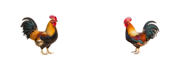 Pair of colorful Rooster Stands proud with crest visible. cut out transparent