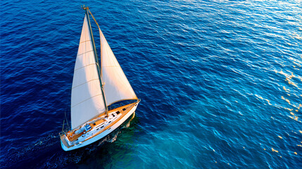 Yacht sailing in an open ocean. Aerial view of the boat.