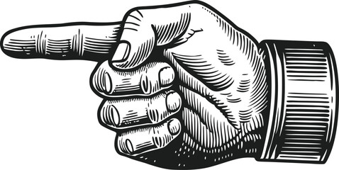 Hand with pointing finger drawn in vintage engraving style, detailed retro illustration in black and white


