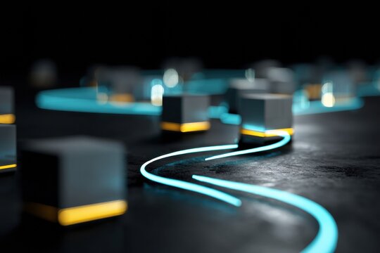 Digital Interface Showing Shipment Tracking Progress With a Glowing Route Amidst Packages Generative AI