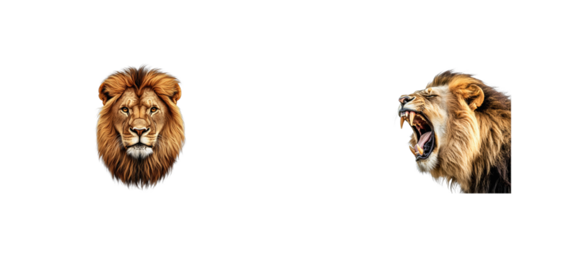Two majestic lions, face and roaring profile view. cut out transparent