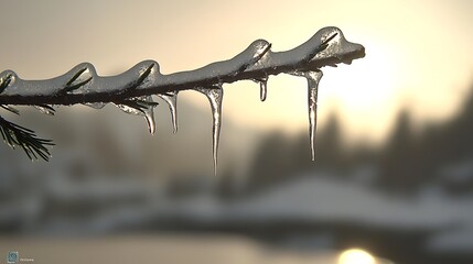 Ice-covered branch, with icicles, on a blurred wintery landscape background