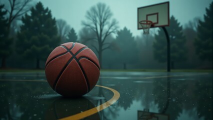 Basketball And Court After Rain