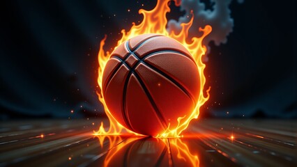 Obraz premium Burning Basketball Ball On Wooden Court