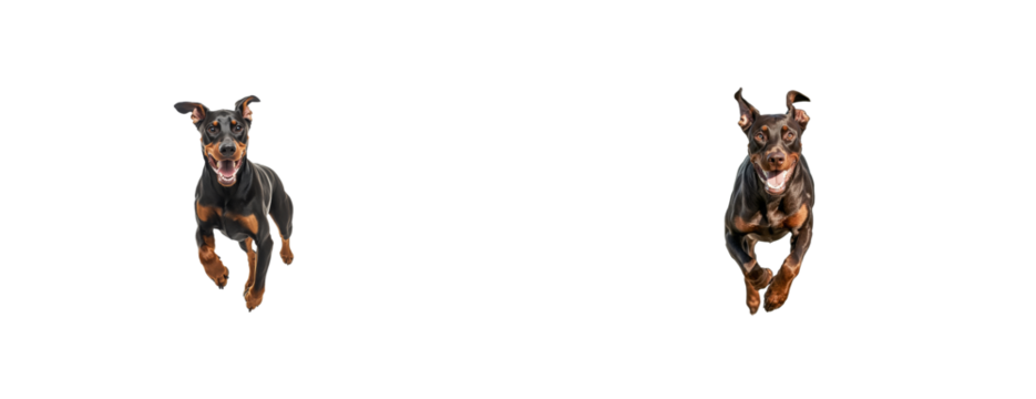 Two joyful doberman pinscher dogs running forward, full speed, cut out transparent