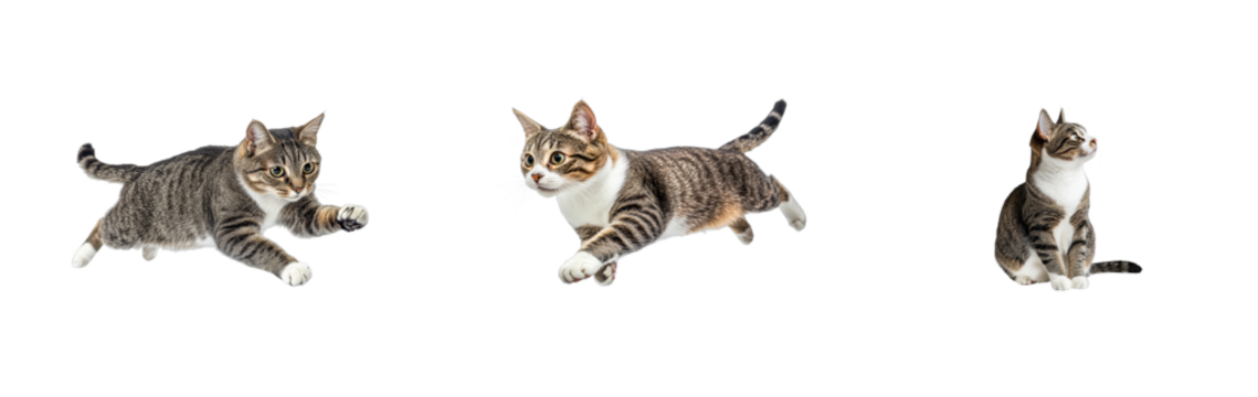 Diverse tabby cat poses; hunting, leaping, and sitting. cut out transparent