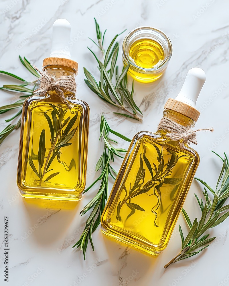 Poster two elegant bottles of olive oil with a smaller bottle displayed in the background for culinary use