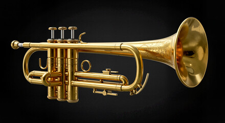 Naklejka premium Golden trumpet on a black background 