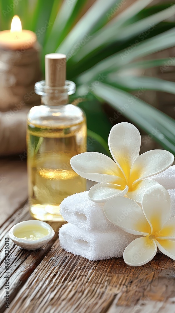 Poster tranquil spa setting featuring a delicate flower and a soft candle creating a relaxing atmosphere