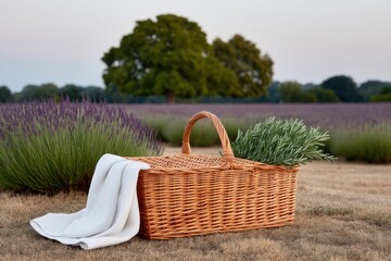 A traditional wicker picnic basket with a white linen napkin and fresh lavender sprigs, set against a beautiful backdrop of a lavender field and a majestic oak tree. 