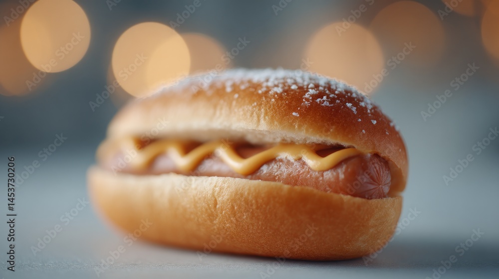 Poster hot dog in focus with blurred people in background creating minimalistic and clean image