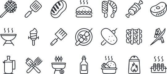 Food and Cooking Editable Stroke Outline Icons Set Isolated on White Background - Flat Vector Illustration. Pixel Perfect. 64 x 64