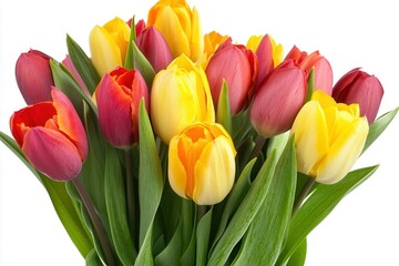 Naklejka premium Colorful bouquet of tulips in vibrant hues showcasing spring beauty against a white backdrop