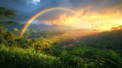 Naklejka premium Rainbow arches over lush valley at sunset