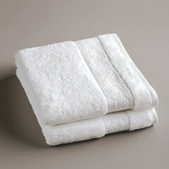 Soft, plush white towels neatly stacked on a neutral background, ideal for home decor or spa settings