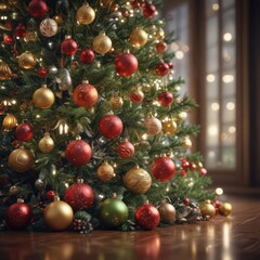 Ornate Christmas tree, vibrant baubles, soft bokeh lights ,  season,  fir