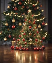 Ornate Christmas tree, shimmering baubles, bokeh lights ,  holiday,  abstract,  bokeh