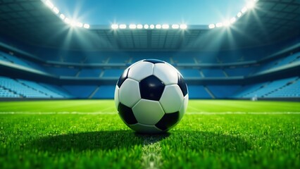 Naklejka premium Soccer Ball On Stadium Field Grass