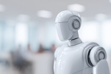 humanoid robot stands in office sleek and futuristic with people blurred in background