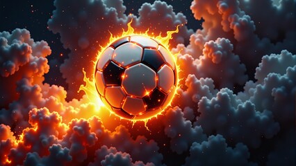 Fototapeta premium Fiery Soccer Ball Amidst Fluffy Clouds