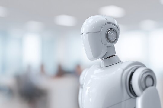 humanoid robot stands in office sleek and futuristic with people blurred in background