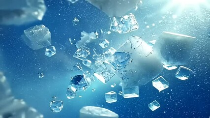 Shattered ice cubes in mid-air against a vibrant blue backdrop - Powered by Adobe