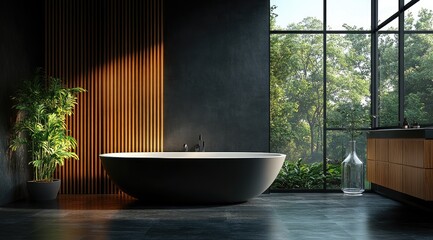 Fototapeta premium Modern bathroom interior design with natural light and wooden accents.