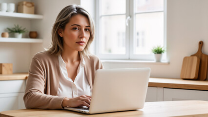 Mature Woman Using Laptop in Cozy Kitchen – Online Learning and Digital Education for Seniors, Remote Classes, and Elderly Technology Adoption