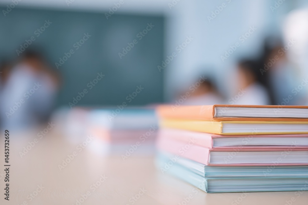 Aufkleber minimalist classroom setting with educational materials neatly arranged in foreground and blurred pe