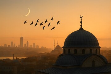 Naklejka premium Golden Dawn Over Islamic Cityscape with Mosque Dome, Crescent Moon and Birds - Spiritual Tranquil Sunrise Skyline