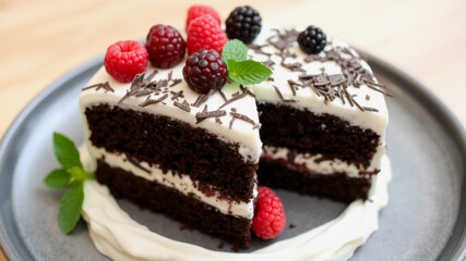Delicious Chocolate Cake Slice with Fresh Berries and Mint