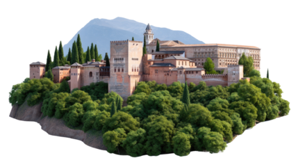 Granada's Alhambra Palace: An architectural marvel with intricate details, stands as a testament to history and artistry, set amidst lush greenery with a mountain backdrop. 
