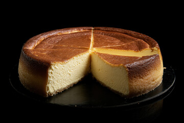 Cheesecake on black plate.