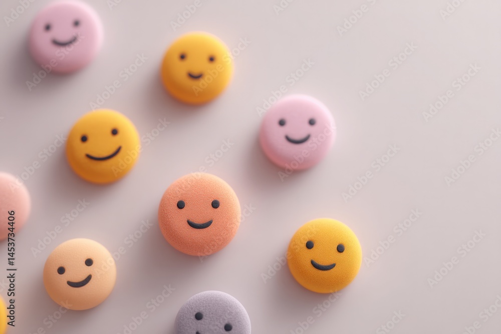 Poster minimalistic arrangement of various emoji icons on white background with ample copy space