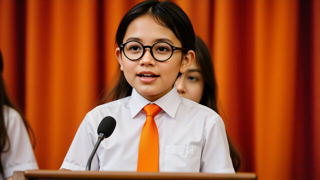 Confident Indian Schoolgirl with Microphone – Young Student in Glasses and Formal Attire Speaking at Convention for World Teachers Day Presentations and Educational Events