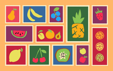 Post card stamp stamp bundle. Pear, banana, blueberry, pineapple, strawberry, watermelon, apricot, orange, avocado, lemon, cherry, kiwi, apple and citrus slices. Colorful cutouts fruits