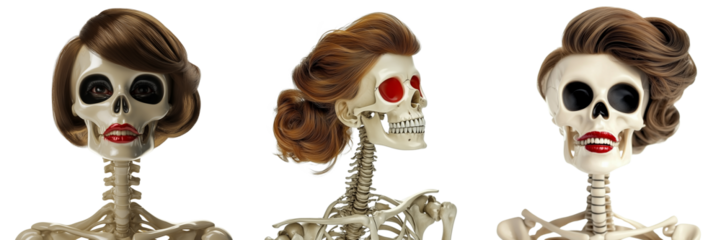 Set of A cartoon skeleton wearing a bow tie, hands on hips, and a wide grin on transparent png background. Ai generated
