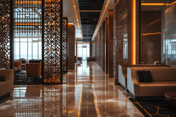 Elegant lobby of new Hilton Hotel in New York, featuring modern decor and a grand chandelier.