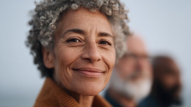 minimalistic clean image showing diverse group of people of various races and ages smiling gently with blurred background
