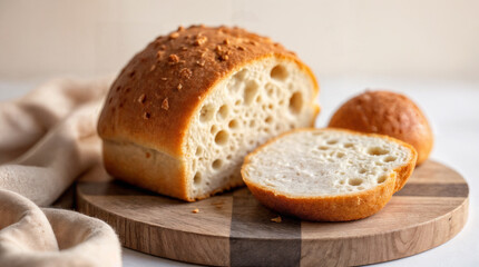 Freshly Baked Crusty Bread Sliced on Wooden Cutting Board.