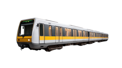 Modern Urban Commuter Train: A sleek, contemporary commuter train glides effortlessly along tracks, symbolizing efficient urban transit. It is a perfect visual for transportation, city life.