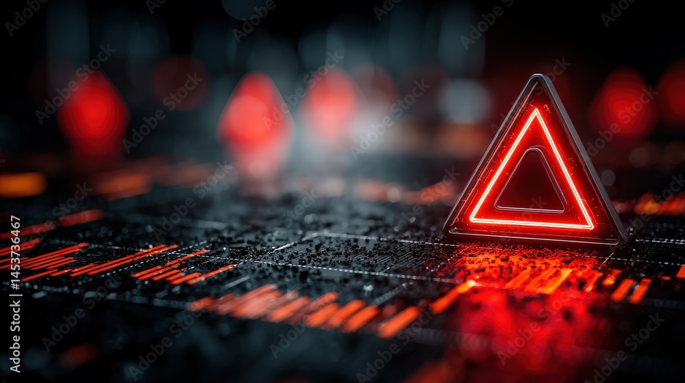 Poster Triangle shaped neon sign illuminated in striking red color serving as a warning indicator in a business setting