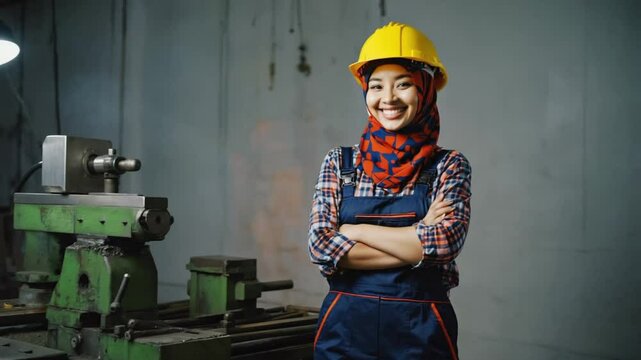 A young muslim smiling woman in a helmet with a machine 