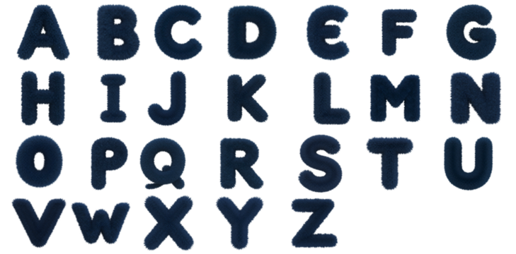 3D Alphabetical arrangement of puffy letters in a grid pattern against a plain colored space on transparent background