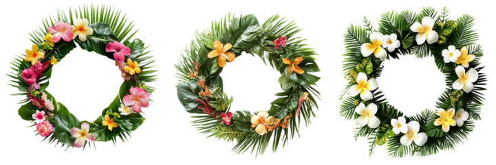 Set of A lush, circular wreath of exotic tropical leaves like monstera and ferns, adorned with bright red and yellow flowers on transparent png background. Ai generated