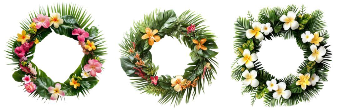 Set of A lush, circular wreath of exotic tropical leaves like monstera and ferns, adorned with bright red and yellow flowers on transparent png background. Ai generated