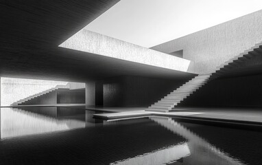 Gray concrete architectural interior with water reflection.