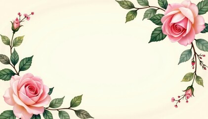 Delicate watercolor roses, climbing vines, and leaves on a cream background , flowers, romantic