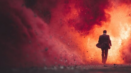 Fototapeta premium A professional man in business attire walking through flames symbolizing overcoming challenges and facing adversity